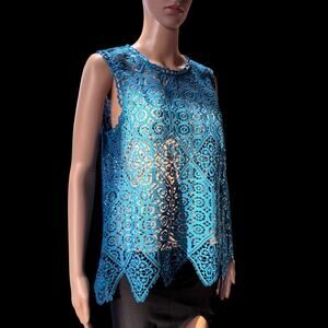 Deletta Womens Blue Lace Crochet Sleeveless Top Sz M Boho Sheer Resort Vacation